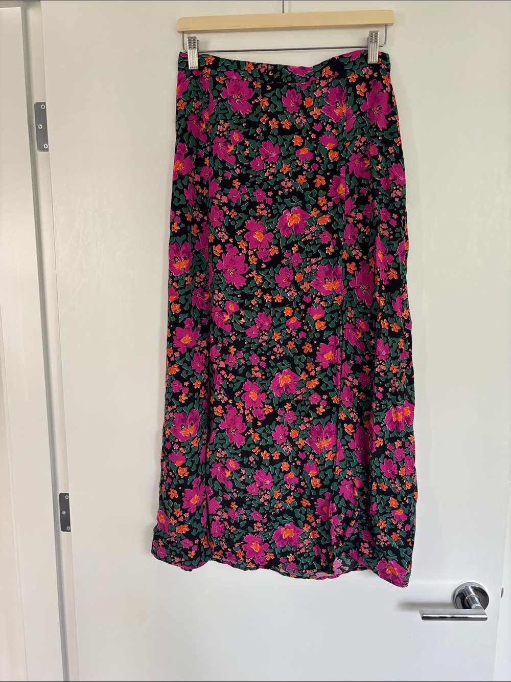 Topshop Split Front Floral Pink & Green Midi Skirt